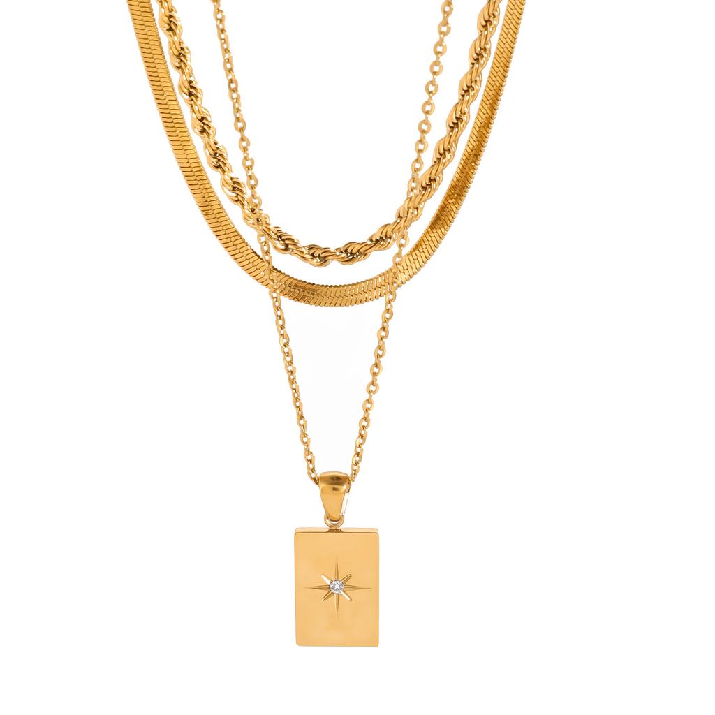 Simple Smooth Square Star Hollow Three-layer Pendant Necklace