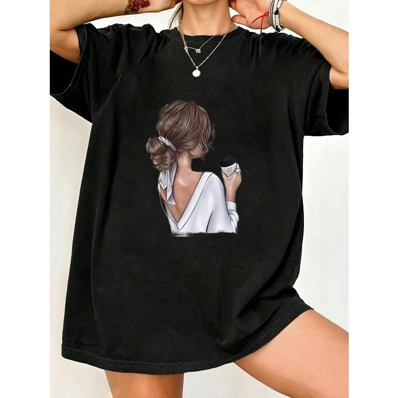 Black Oversized T Shirt With Woman Holding Coffee Cup Print Casual Everyday Wear
