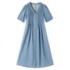 Xiangying Elegant French Style V-Neck Denim Midi Dress