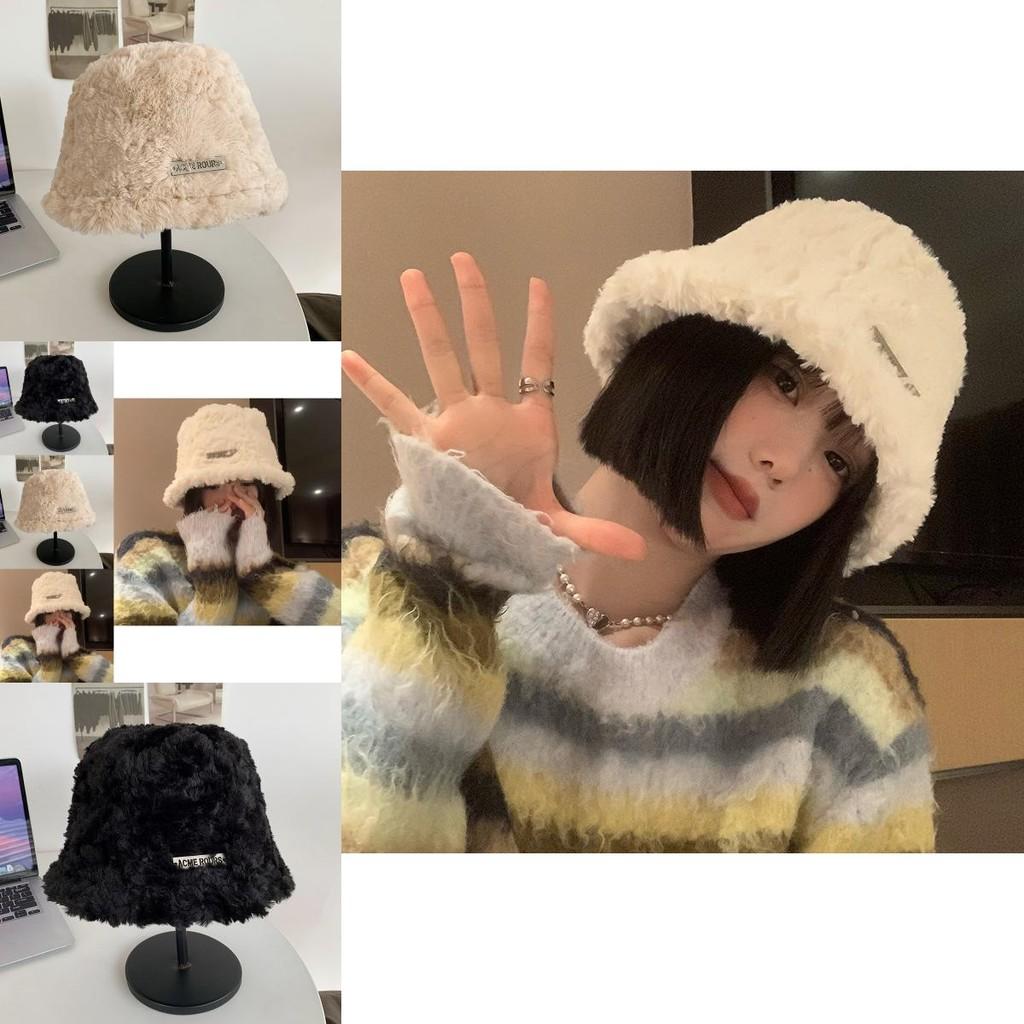 Korean Style White Bucket Hat For Women Warm And Cozy Lambswool