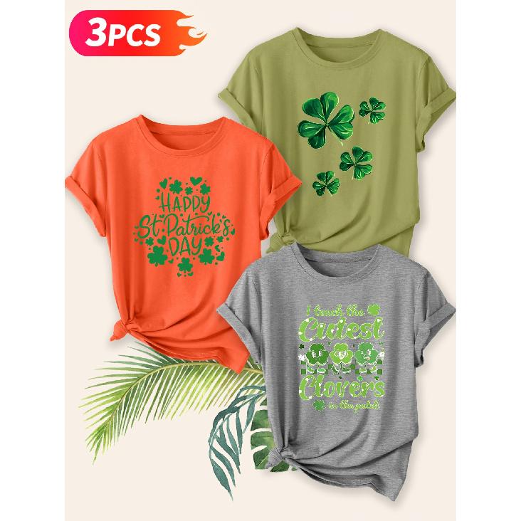 Three-piece set Elegant short-sleeved shirt for women St. Patrick's Day Clover Print Round Neck Women's T Shirt Suitable for spring