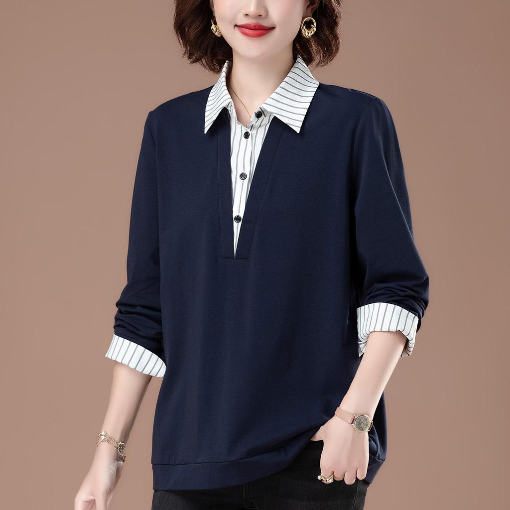 Plus Size Pure Cotton Polo Shirt - Early Autumn Long-Sleeve with Turn-Down Collar for Middle-Aged Women