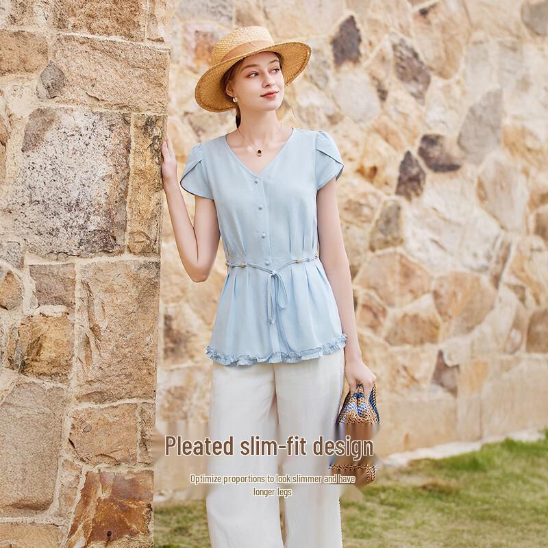 Women's Linen Blend V-neck Slim Fit Blouse