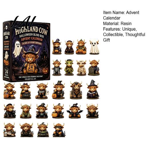 Halloween Advent Calendar Highland Cow Calendar 24 Days Countdown Box Cute 3D Dolls with 24Pcs Figurines Spooky Decorations Collectibles