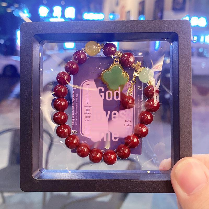 Imitation Cinnabar Beaded Bracelet with Four-Leaf Clover Charm - Ladies Night Market Jewelry