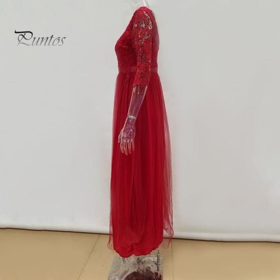 Autumn Evening Dress Women Prom Party Round Neck Lace Flower Embroidery Half Sleeve Tight Winter Gown Waist Patchwork Floor Length Pleated Lady