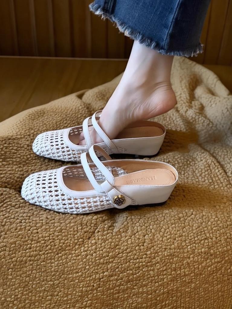 Platform Slippers Low Heel Thick Heel Single Shoes French Woven Hollow Mary Jane Shoes Women's Summer Retro Hole Sandals Women
