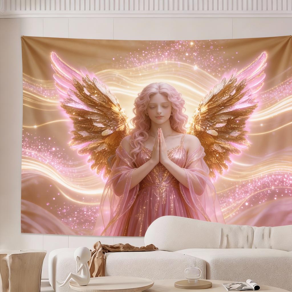 Luxurious Saint Michael Angel Golden  White Tapestry  Intricate Heavenly Design with Radiant Stars HighQuality Polyester Fab