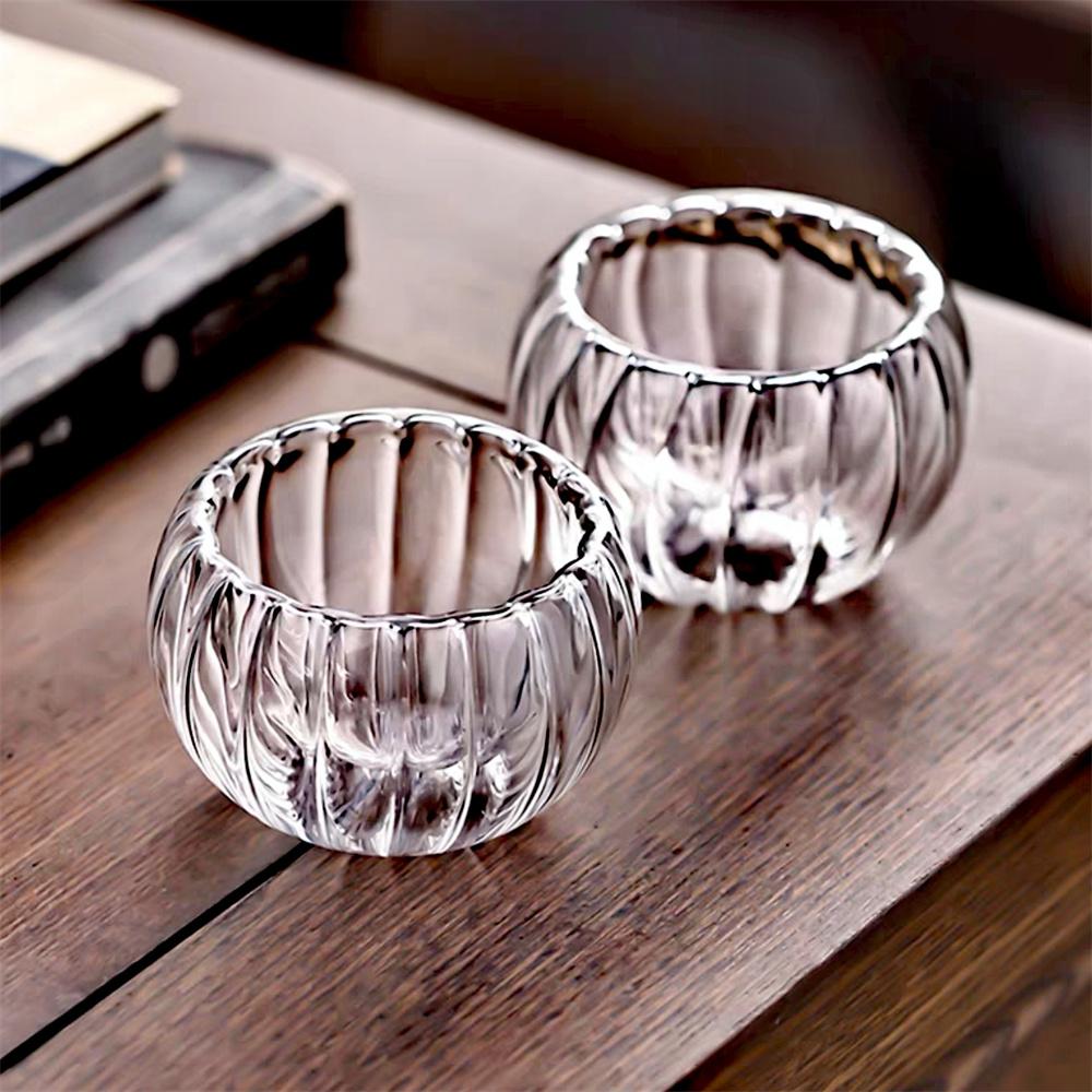 6pcs/Lot 50ml Stripe Double-layer Glass Tea Cup Heat Resistant Teaware Small Capacity Pumpkin shape Puer Taste TeaCup Cups