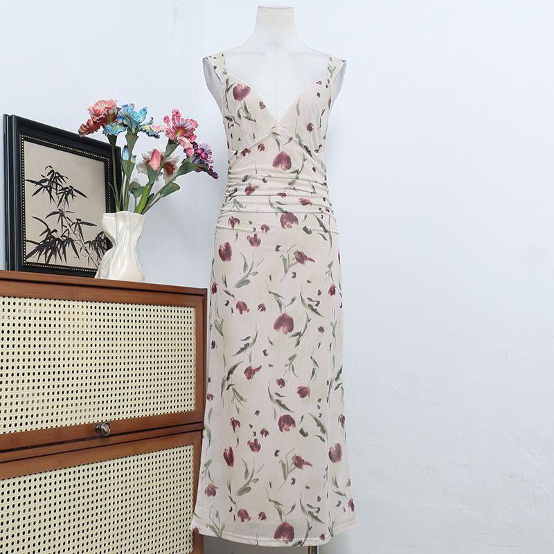 European and American Single Seaside Holiday Style Sexy V-neck Backless Mesh Floral Print Sling Long Dress Waist Hugging Slimming Dress Women