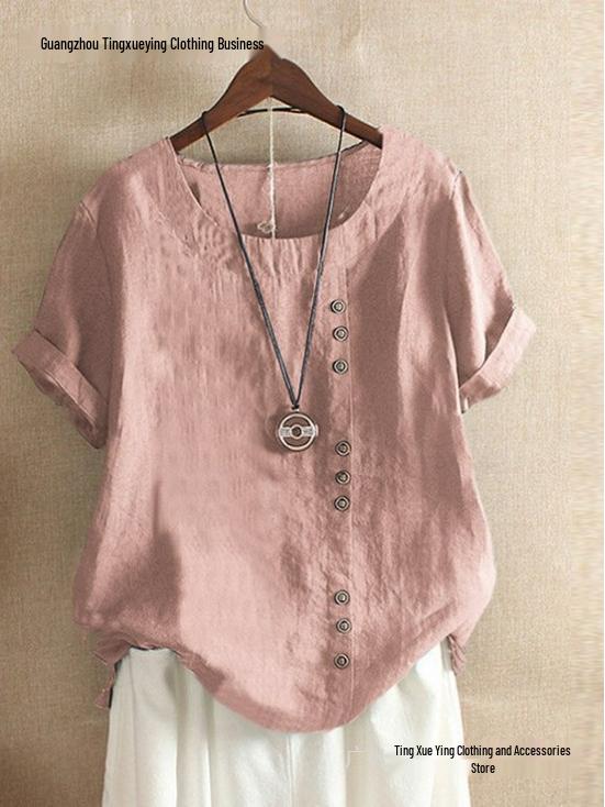 Women's Plus Size Casual Cotton Linen Button-Up Retro T-Shirt