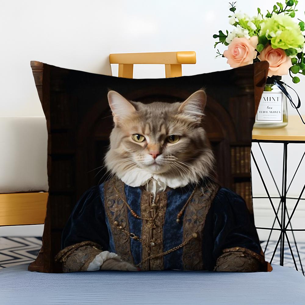 Renaissance Royal Cat Funny Cushion Cover Washable Linen Pillowcase Soft  for Sofa Bed Cozy Home Room Decor