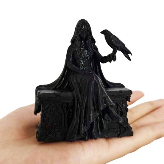 Handheld Detailed Carving 3D Printed Gothic Crow Queen Figurine, Cloaked Robe Statue with Small Style Figure Crow, Spooky Desktop Ornament for