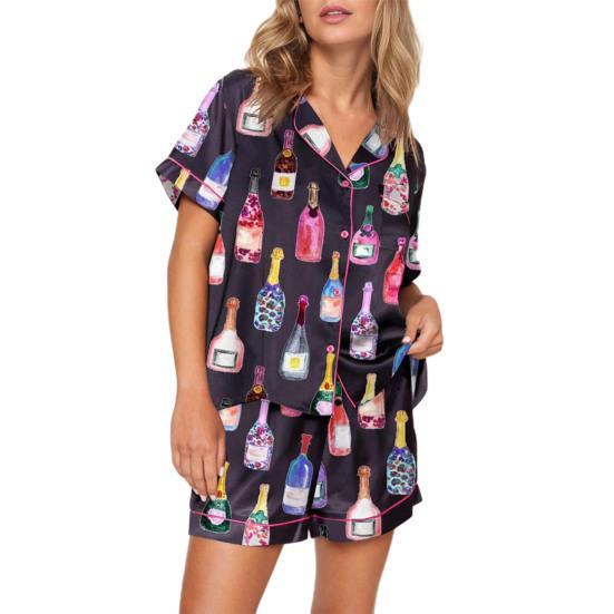 2Pcs/Set Pajamas Set Women Loungewear Sleepwear Button Closure Lapel Short Sleeve Casual Print Pajamas