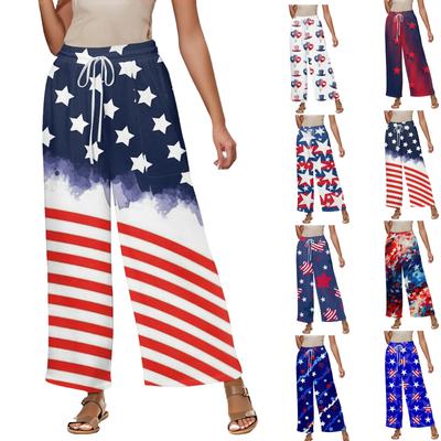 Women's Summer Elastic Waist Independence Day Printed Cotton And Linen Loose Pants