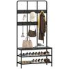3-in-1 Garderobenständer, Kleiderhaken, Bank, Schuhregal, Metall, Spanplatte, Schwarz