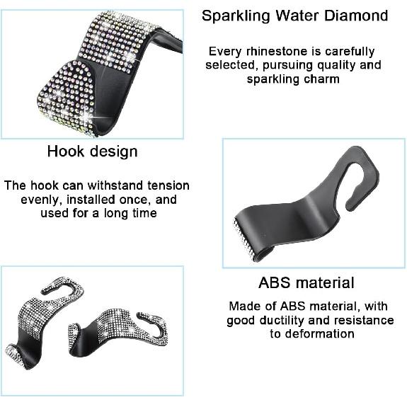 Mandark 4PCS Bling Car Seat Headrest Hooks, Crystal Rhinestone Vehicle Seat Back Hanger For Grocery Purses Handbags, Diamond Auto Seatback Storage