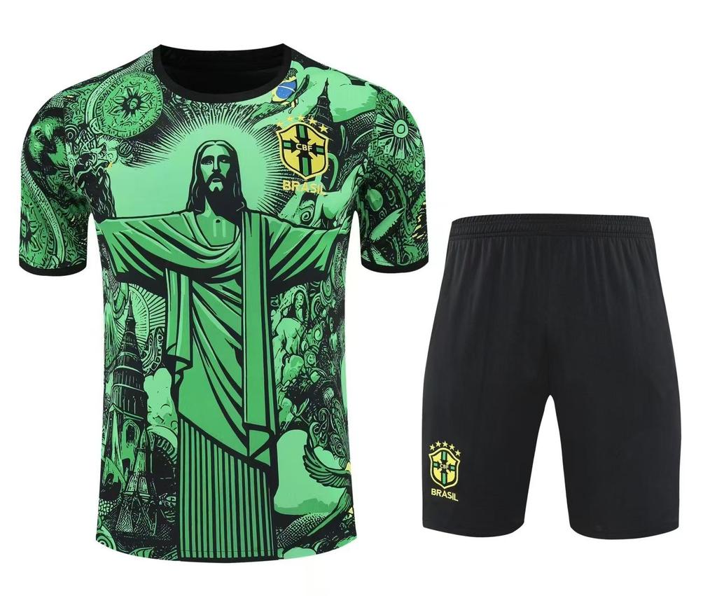 Brazil Training Jersey: 2526 Pre-Match Short Sleeve Football Uniform Set for Adults.