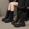 7Cm thick-soled buckle locomotive boots women's 2025 autumn new retro British style heightening Martin boots medium tube knight boots