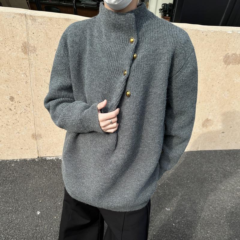 Irregular Button High Collar Men s Sweater - Korean Style Trendy Knitwear Top M