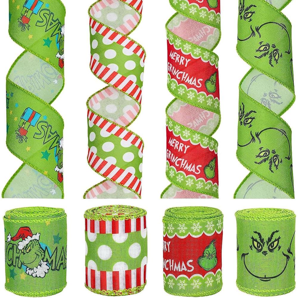 4 Roll Grinch Christmas Ribbons for Crafts DIY Holiday Christmas Decorations