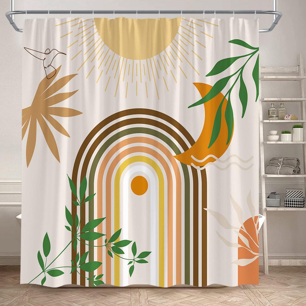 

Abstract Mid Century Shower Curtains Green Leaf Modern Geometric Black Lines Aesthetic Art Bathroom Curtain Decor Set With Hooks W60H190(CM)-1 Pcs