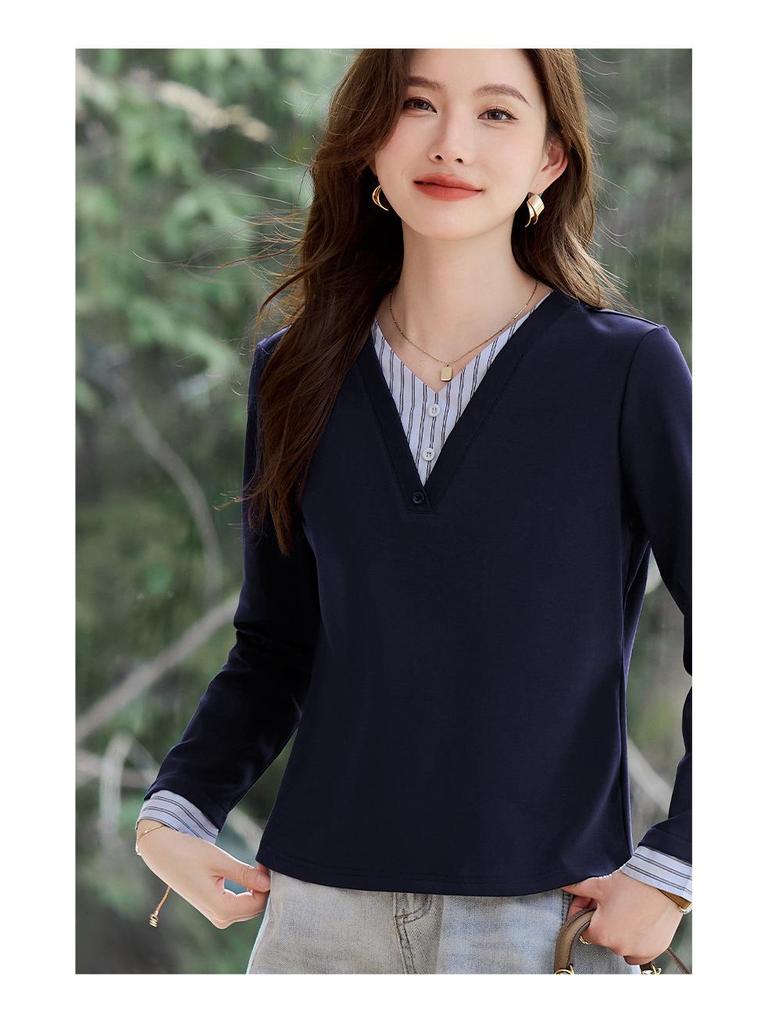 Women's V-Neck Layered Long-Sleeve T-Shirt: New 2026 Spring Style, Regular Fit, Fashionable Base Layer.