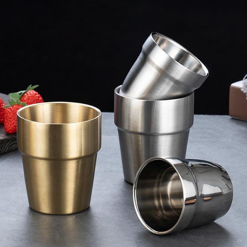 1ks 200ml/ 300ml Korejská matná nerezová ocel Dvojvrstvý šálek Izolovaný šálek na vodu Pivo šálky na pití kávy Zlaté stříbrné hrnky Nádobí