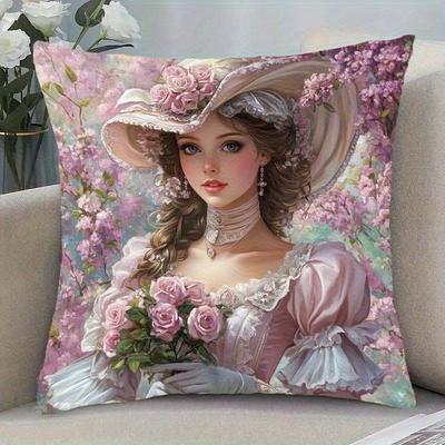 1pc Oil Painting French Woman Pillow Cover 2D Double-Side Print Polyester Cushion Case for Home Car Interior Sofa Bedroom Decor