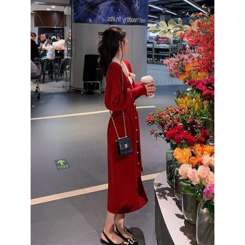 

Red knitted dress autumn and winter new engagement dress long sweater skirt S красный
