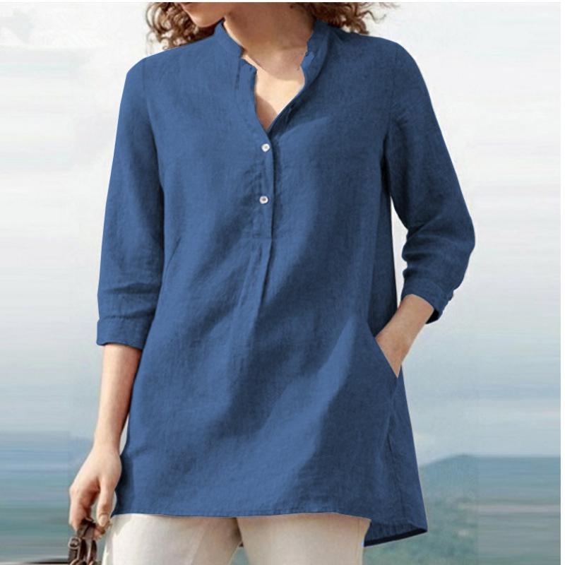 Spring 2026 Women's Solid Colour Seven Part Sleeve Stand Up Collar Cotton Linen Casual Pullover Shirt