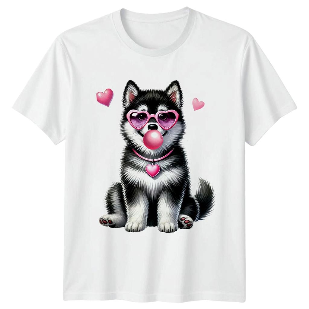 Cute Fluffy Puppy Wearing Heart Unisexs TShirt Husky Dog Lovers Valentines Day