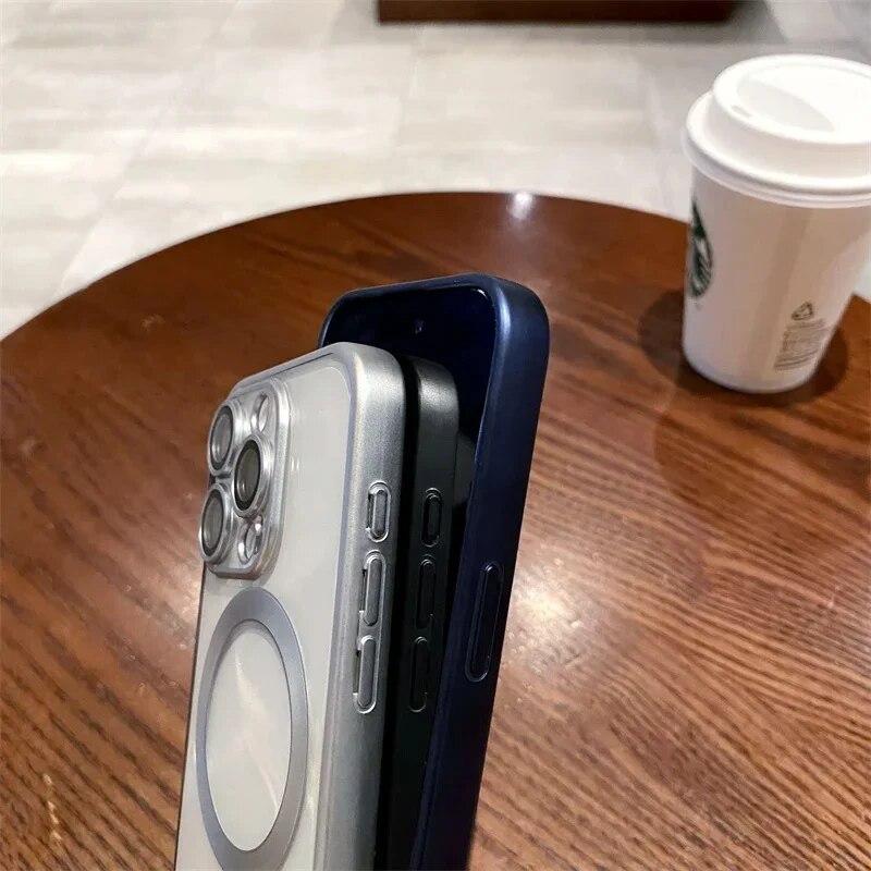 Luxury Matte Plating Frame Clear Case For IPhone 15 14 13 12 11 Pro Max Plus Magsafe Magnetic Wireless Charge Lens Protect Cover