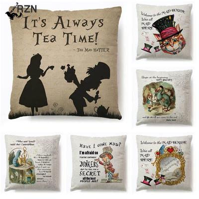 Alice In Wonderland Cartoon Pillow Case Cute Rabbit Cat Printed Throw Pillow Vintage Home Decorative Cotton Linen Cushion Cover