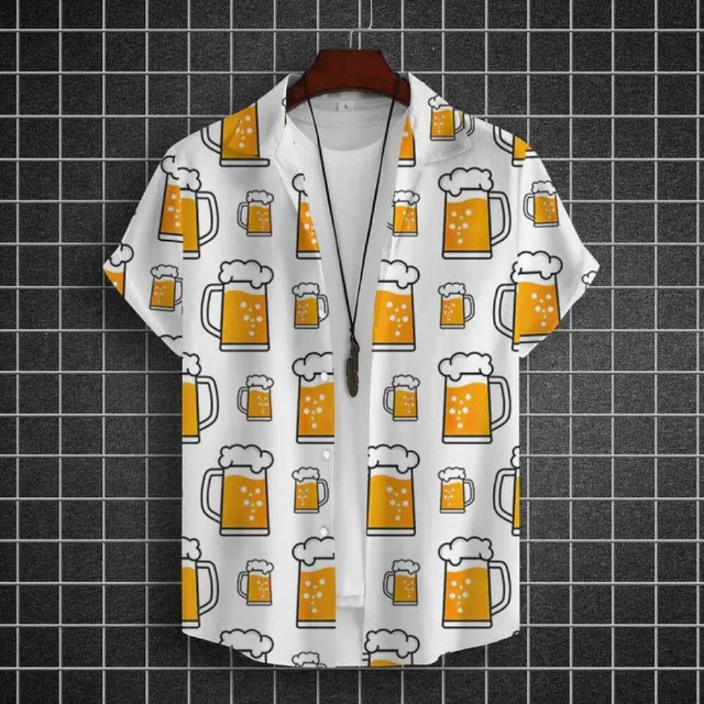 Hawajska Koszula Męska 3D z Nadrukiem Piwa Krótki Rękaw Koszule Koszulka na Imprezę Piwną T-shirty Letnie Codzienne Luźne Oversize Odzież Męska
