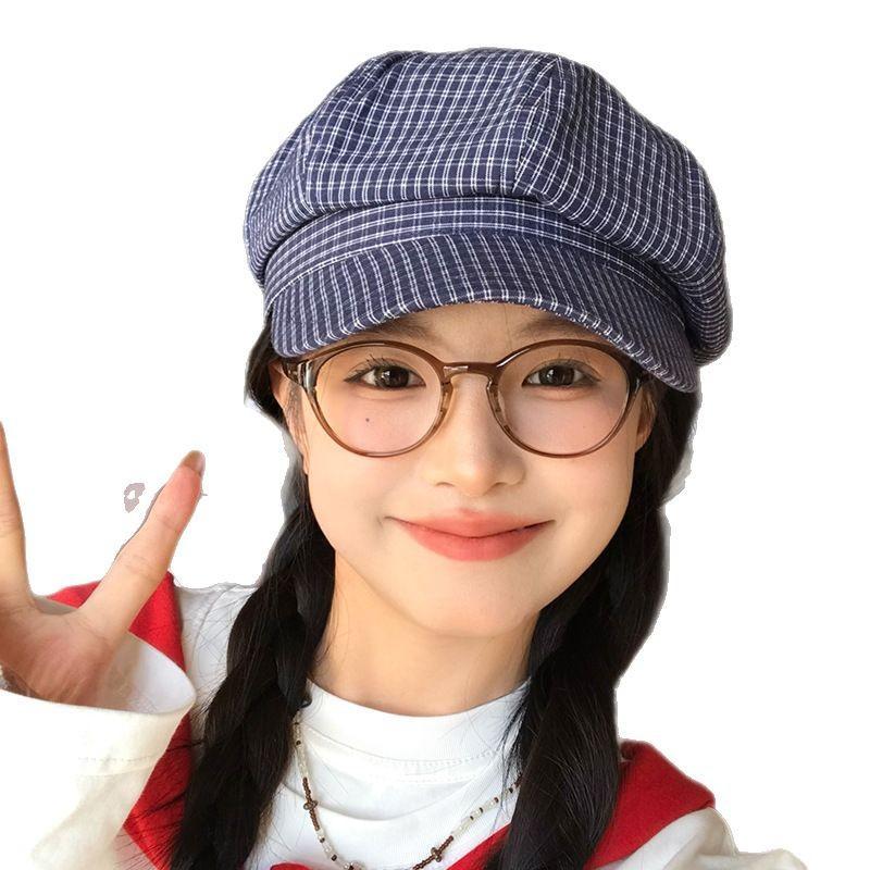 Blue Plaid Korean Octagonal Hat Spring And Summer Thin Versatile Face Ducktongue Beret Casual Hat