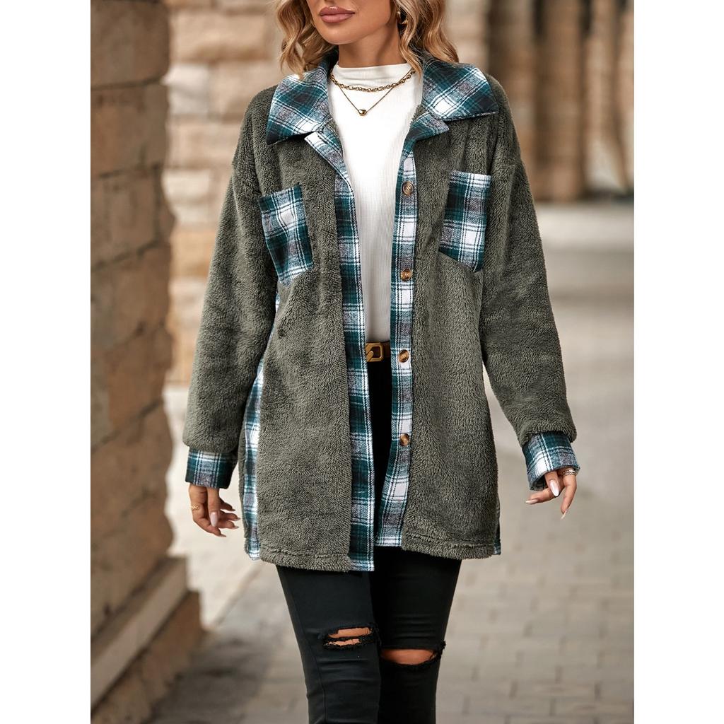 2025 Winter Women's Plaid Fleece Coat Mid-Length Single Breasted Lapel Warm Outerwear for Europe America