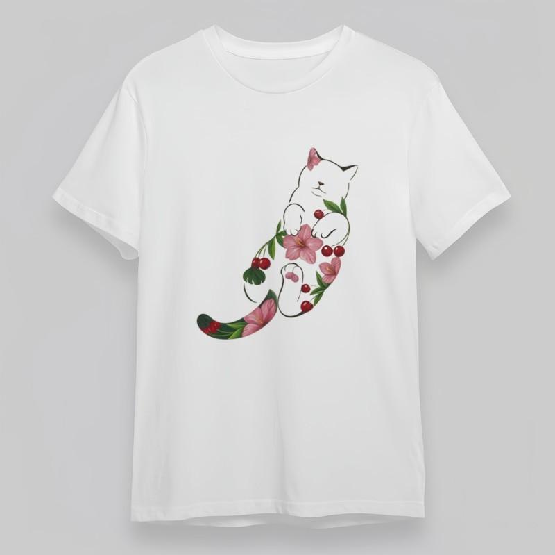 Women's Plus Size Classic T-Shirt  Cat With Floral And Cherry Print Cotton Tee