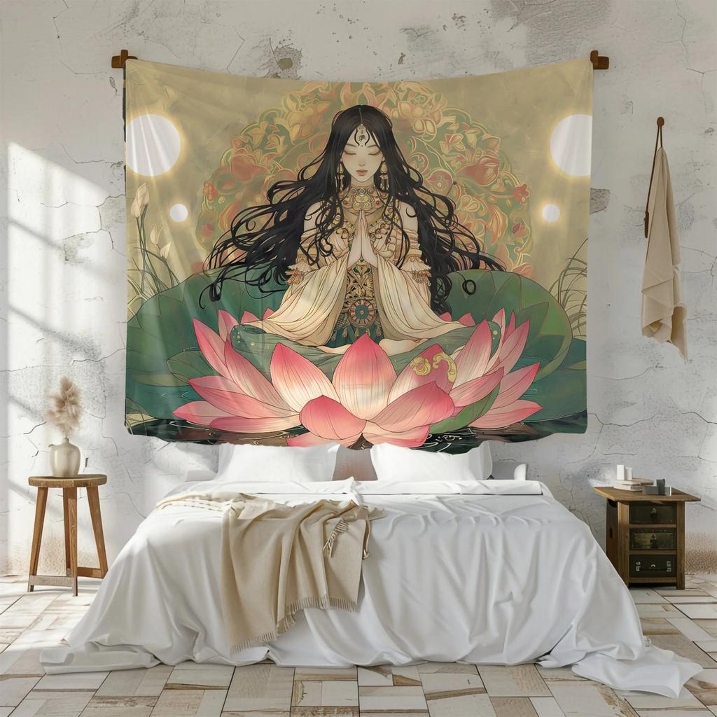 2D Flat Printed Zen Yoga Lotus Meditation Goddess Tapestry Peach Skin Wall Hanging For Bedroom Living Room Aesthetic Home Decor