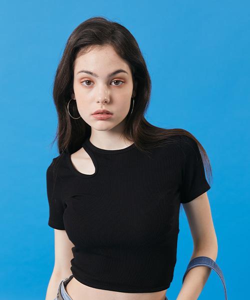 KOLEAT Women Crop Cutout Slim Ribbed Short Sleeve Tee [Black]