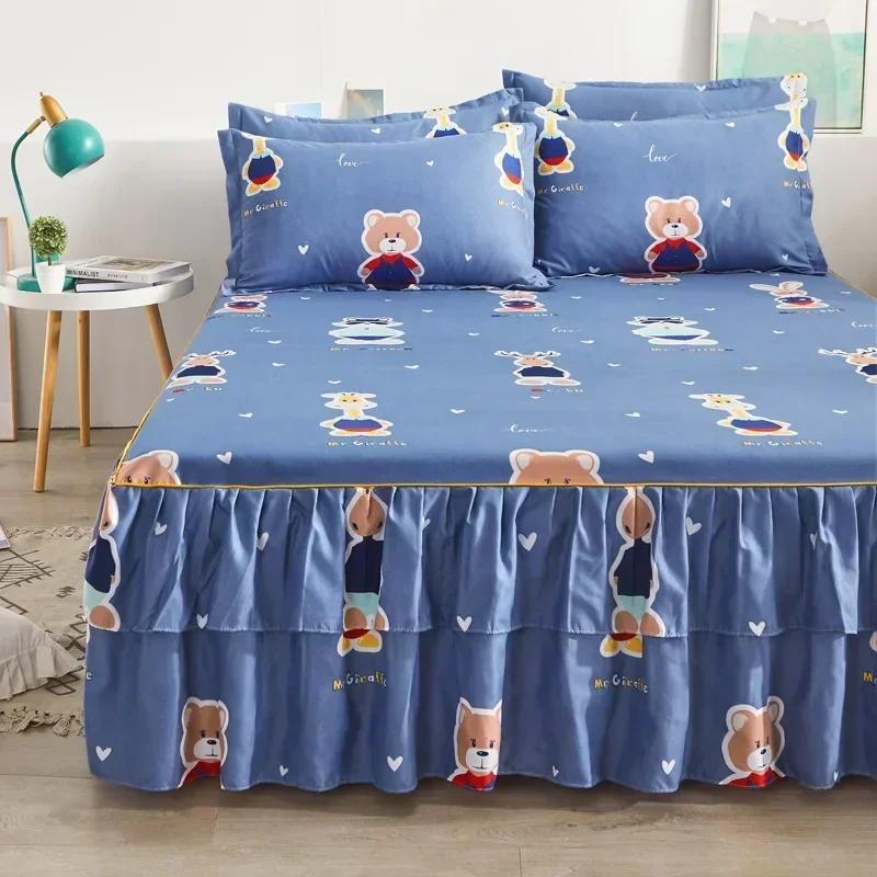 1PC Bed Skirt Cartoon Style Bed Cover Ruffled Bedsheet Falda De Cama Quilted Mattress Covers Lace Bedspread (No Pillowcase)