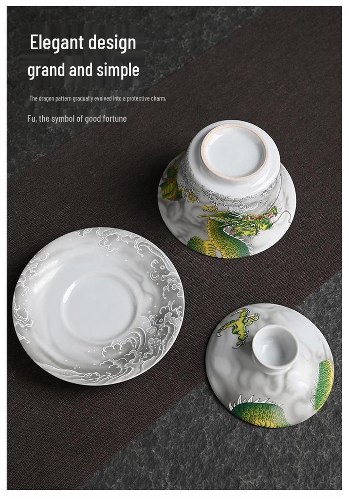 Retro Three-Piece Blue Dragon Ceramic Gaiwan Tea Set