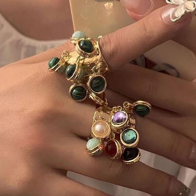 Vintage Natural Stone Malachite Glass Multi-Pendant High-Grade Fringe Open Ring Women'S Wedding Party Jewelry