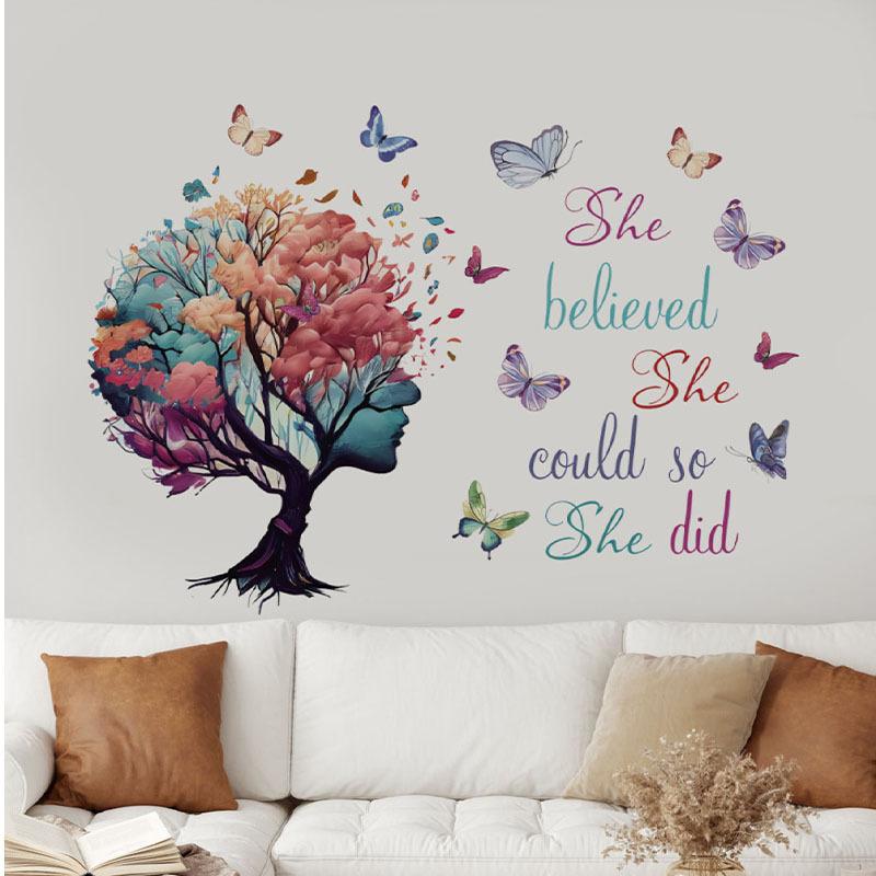 She Believe Tree Wall Sticker Girl Room Butterfly Inspirational Quote Decal Bedroom Home Decor