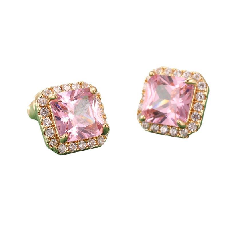 Earrings European and American Pink Gemstone Copper Stud Earrings Literary and Retro