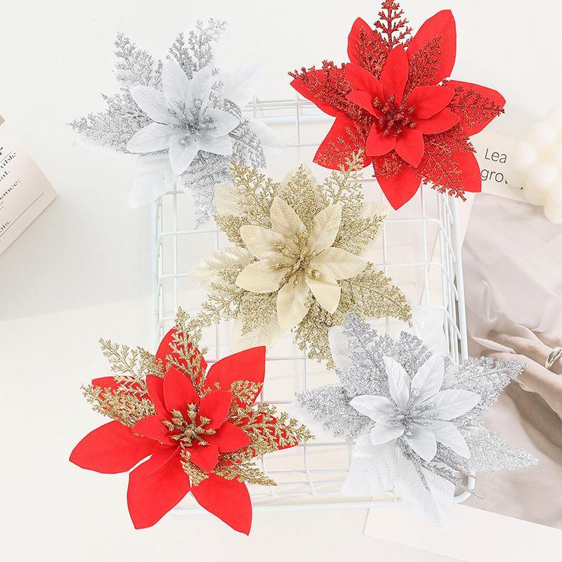 Simulation Christmas Flower Ornament Xmas Tree Silk Cloth Flower Hanging Pendant Merry Christmas Noel Gift Happy New Year 2027