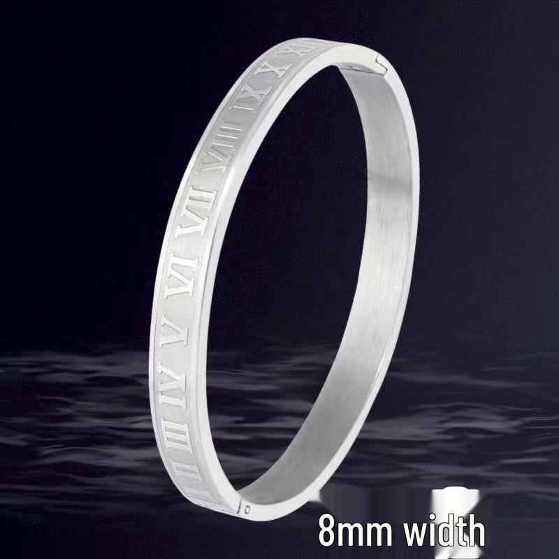 Roman Numeral Men's Titanium Steel Bracelet – Non-fading, Open Clasp, European & American Style.