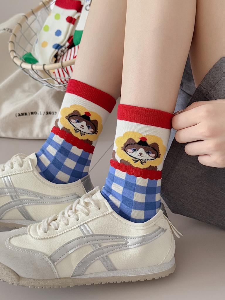 Autumn Women's Socks, Mid-calf Socks, Cartoon Cat Through-pile Socks, Student Socks for Women