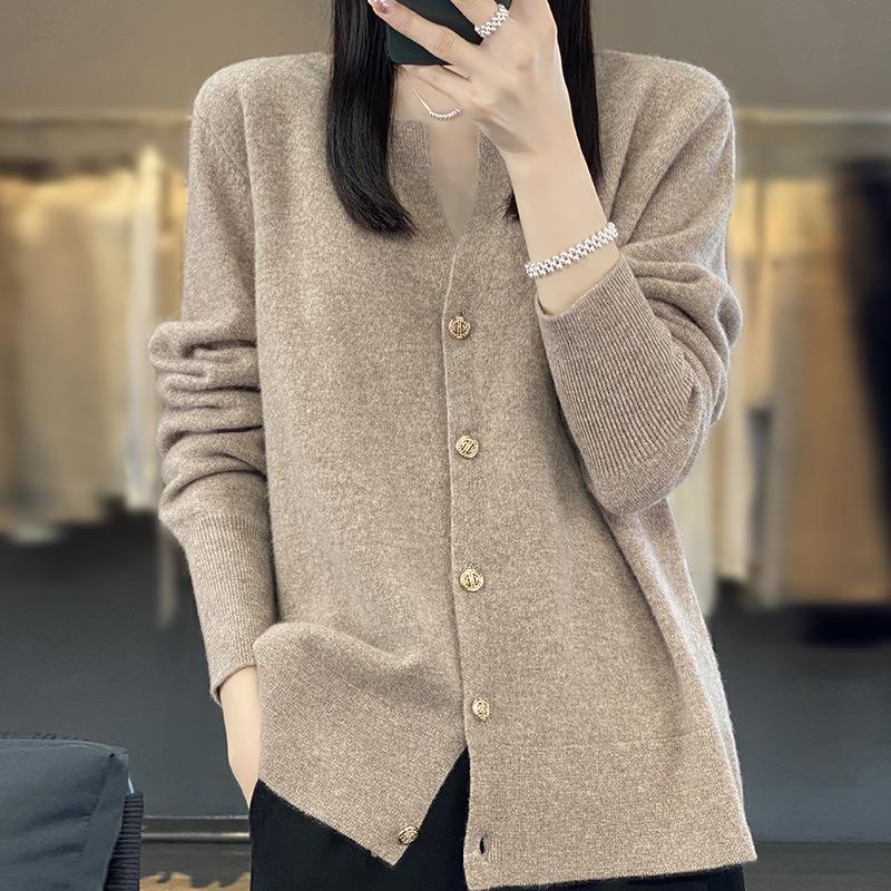 2023 Women's Pure Wool V-Neck Cashmere Cardigan - Solid Color Knit, Loose Fit