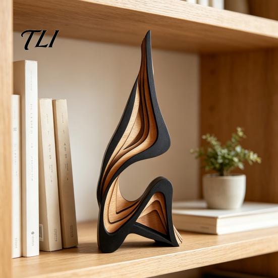 Minimalist Abstract Home Accents Wood Art Sculpture, Modern Solid Figurine for Living Hand Painted Poplar Craft Room Tabletop Decor,